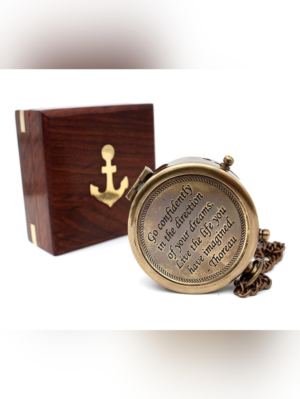 Engraved Brass Compass Pocket Watch with Wooden Box - Gold Tone